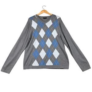 Banana Republic Argyle Sweater XL Gray Blue V Neck Cotton Plaid Pullover Classic